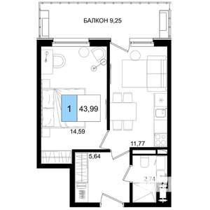 1-к квартира, вторичка, 44м2, 3/9 этаж