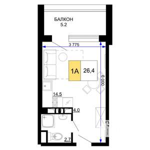 1-к квартира, строящийся дом, 26м2, 8/9 этаж