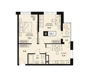 2-к квартира, вторичка, 55м2, 6/15 этаж