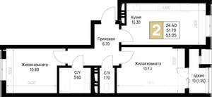 2-к квартира, строящийся дом, 53м2, 4/12 этаж