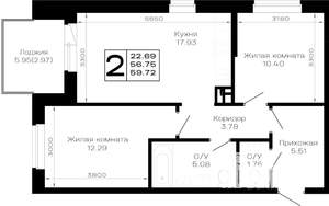 2-к квартира, строящийся дом, 60м2, 3/4 этаж
