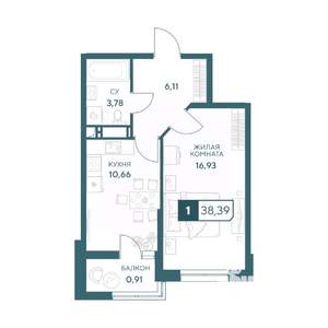 1-к квартира, строящийся дом, 38м2, 20/20 этаж