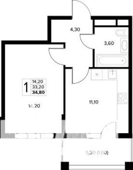 1-к квартира, строящийся дом, 35м2, 3/8 этаж