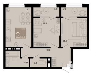 2-к квартира, вторичка, 60м2, 2/8 этаж