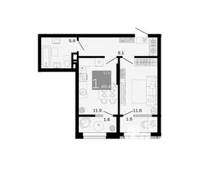 1-к квартира, вторичка, 40м2, 4/12 этаж