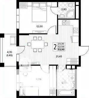2-к квартира, строящийся дом, 54м2, 2/8 этаж
