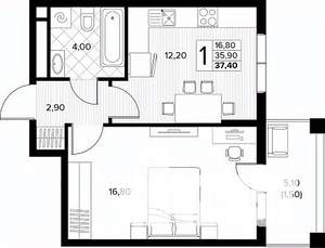 1-к квартира, строящийся дом, 37м2, 6/8 этаж