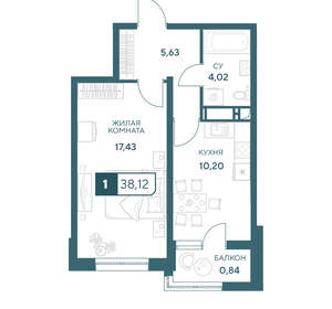 1-к квартира, вторичка, 38м2, 3/20 этаж