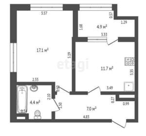 1-к квартира, вторичка, 45м2, 1/4 этаж