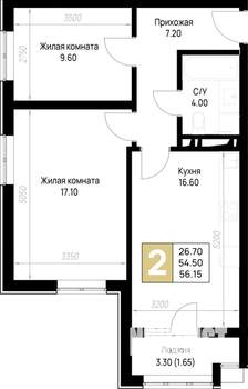 2-к квартира, строящийся дом, 56м2, 2/12 этаж