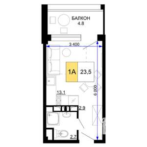 1-к квартира, строящийся дом, 24м2, 2/9 этаж