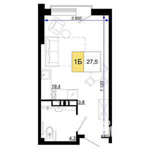 1-к квартира, строящийся дом, 28м2, 3/9 этаж