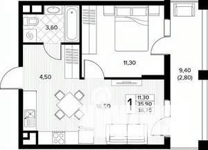 1-к квартира, строящийся дом, 39м2, 4/8 этаж