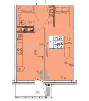 1-к квартира, вторичка, 44м2, 2/14 этаж