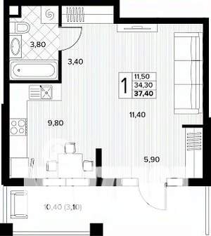 1-к квартира, вторичка, 37м2, 1/8 этаж