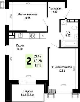 2-к квартира, строящийся дом, 51м2, 2/4 этаж