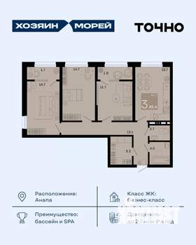 3-к квартира, вторичка, 85м2, 3/8 этаж