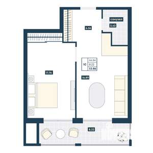 1-к квартира, вторичка, 53м2, 7/9 этаж