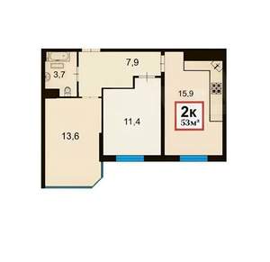 2-к квартира, вторичка, 53м2, 7/16 этаж