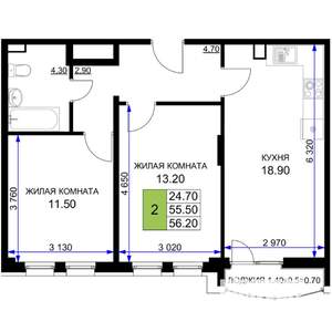 2-к квартира, вторичка, 56м2, 2/12 этаж