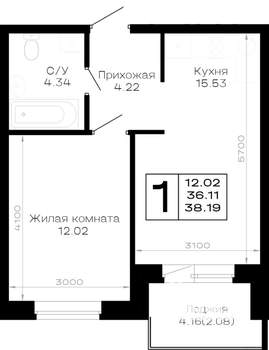 1-к квартира, строящийся дом, 38м2, 4/4 этаж