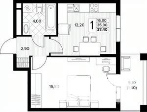 1-к квартира, строящийся дом, 37м2, 5/8 этаж