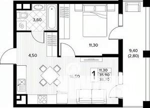 1-к квартира, вторичка, 39м2, 4/8 этаж