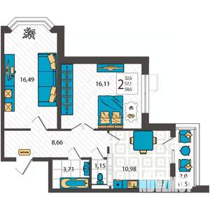 2-к квартира, вторичка, 59м2, 1/9 этаж