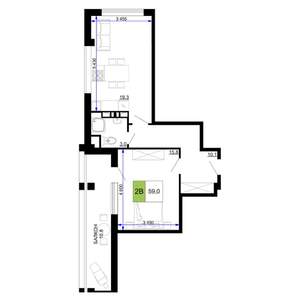 2-к квартира, строящийся дом, 59м2, 2/9 этаж