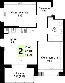 2-к квартира, строящийся дом, 50м2, 2/4 этаж