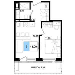 1-к квартира, вторичка, 43м2, 3/9 этаж
