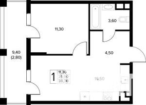 1-к квартира, строящийся дом, 39м2, 5/8 этаж