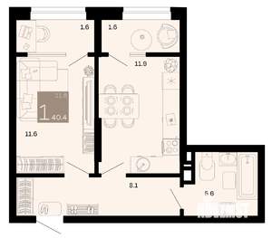 1-к квартира, вторичка, 40м2, 4/9 этаж