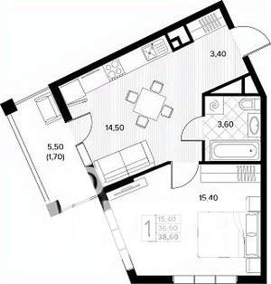 1-к квартира, строящийся дом, 39м2, 7/8 этаж
