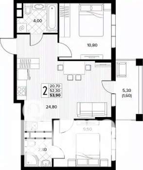 2-к квартира, строящийся дом, 54м2, 6/8 этаж
