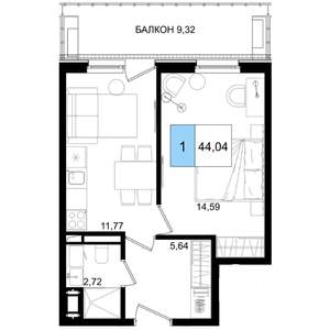1-к квартира, строящийся дом, 44м2, 4/8 этаж