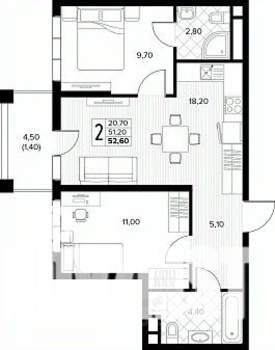 2-к квартира, строящийся дом, 53м2, 7/8 этаж