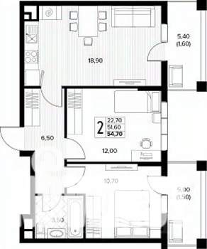 2-к квартира, строящийся дом, 55м2, 7/8 этаж