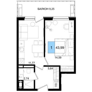 1-к квартира, вторичка, 44м2, 7/9 этаж