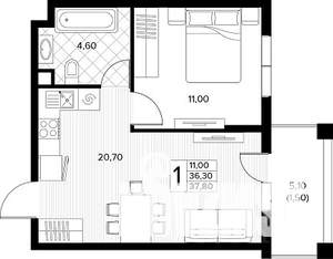 1-к квартира, строящийся дом, 38м2, 2/8 этаж