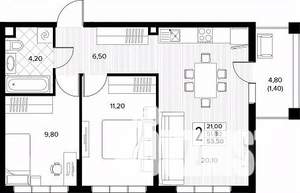 2-к квартира, строящийся дом, 53м2, 1/8 этаж