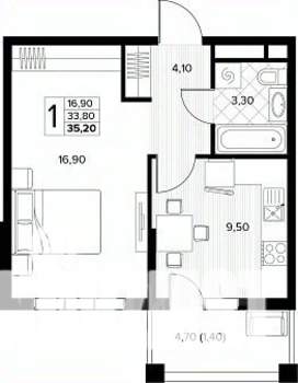 1-к квартира, строящийся дом, 35м2, 6/8 этаж