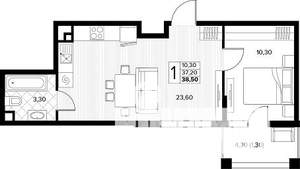 1-к квартира, строящийся дом, 39м2, 6/8 этаж