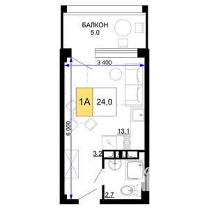 1-к квартира, строящийся дом, 24м2, 6/9 этаж