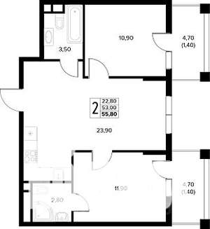 2-к квартира, строящийся дом, 56м2, 5/8 этаж