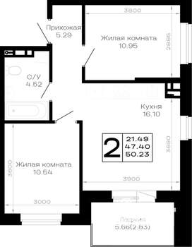 2-к квартира, строящийся дом, 50м2, 2/4 этаж