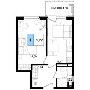 1-к квартира, вторичка, 39м2, 5/9 этаж