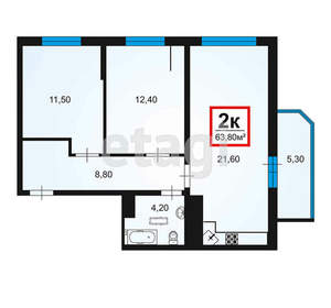 2-к квартира, вторичка, 64м2, 14/15 этаж