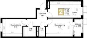 2-к квартира, строящийся дом, 53м2, 9/12 этаж