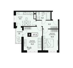 2-к квартира, вторичка, 50м2, 11/15 этаж